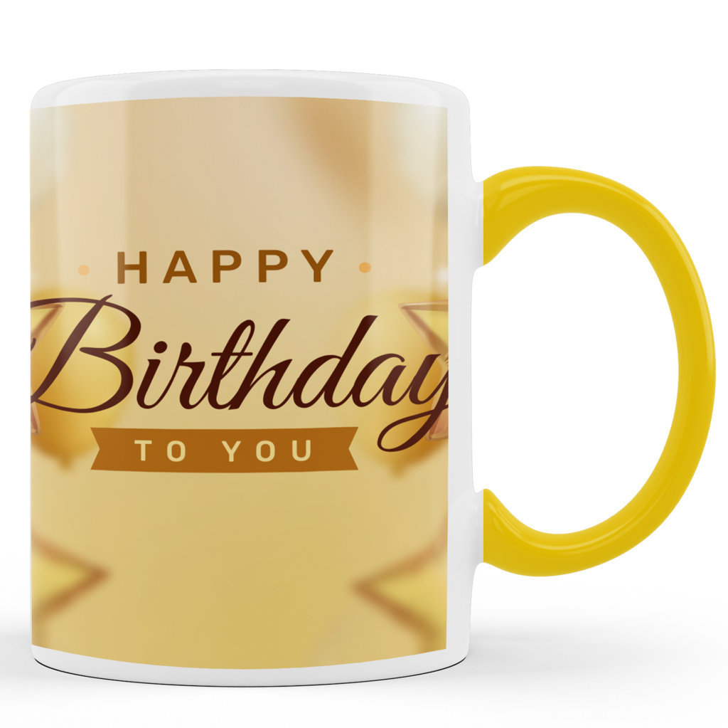 Printed Ceramic Coffee Mug | Happy Birthday Yellow  Color Background  | Friendship and Love | 325 Ml 
